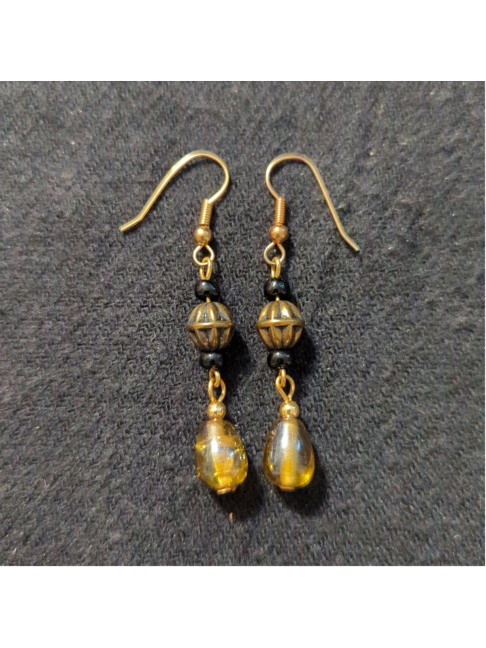 Gold Tone Black and Yellow Beaded Dangle Statement Earrings